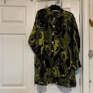bryn Walker Black and Chartreuse Floral Button-Up Blouse